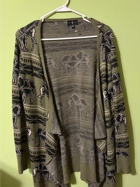 Olive Green Elephant-Print Open Front Cardigan Sweater